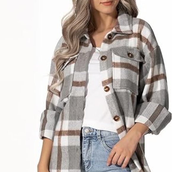 Womens Casual Wool‎ Blend Plaid Flannel Shackets Jacket Button Down Shirt Coat - Picture 4 of 5